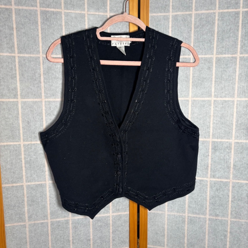 Talbots Petites Black Beaded Wool Blend V Neck Button Front Vest P‎ M